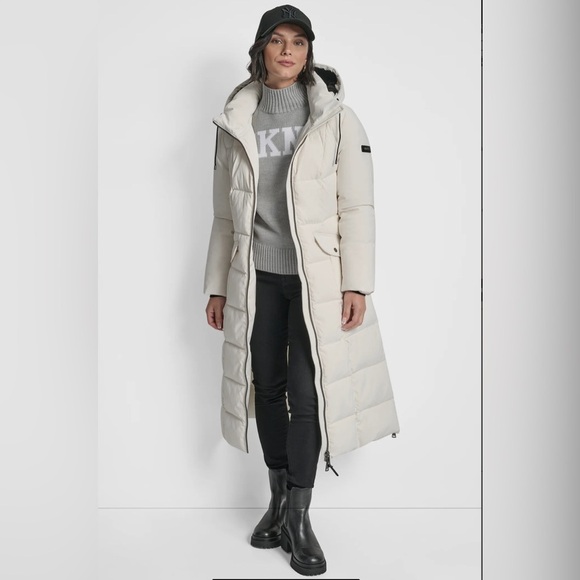 ❄️ NWT DKNY Cream Long Heavyweight Bomber Puffer Parka Down Filled Coat Jacket - Picture 3 of 9